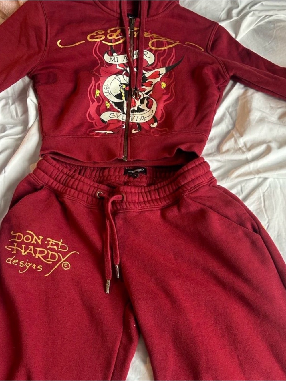 Ed Hardy Girls' Red Burgundy Sweatpants with Gold Logo